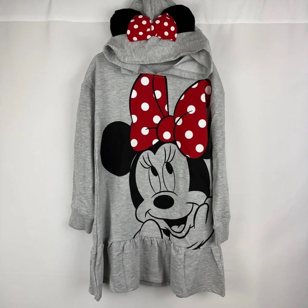 Disney Minnie Mouse Dress Girls S 6 Gray Hooded Long Sleeve Graphic Cosplay NWT